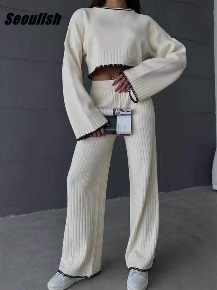 Seoulish Autumn Winter 2 Pieces Women\'s Suits Knitted Tracksuit O-Neck Sweater and Wide Leg Jogging Pants Female Oufit Sets 2023