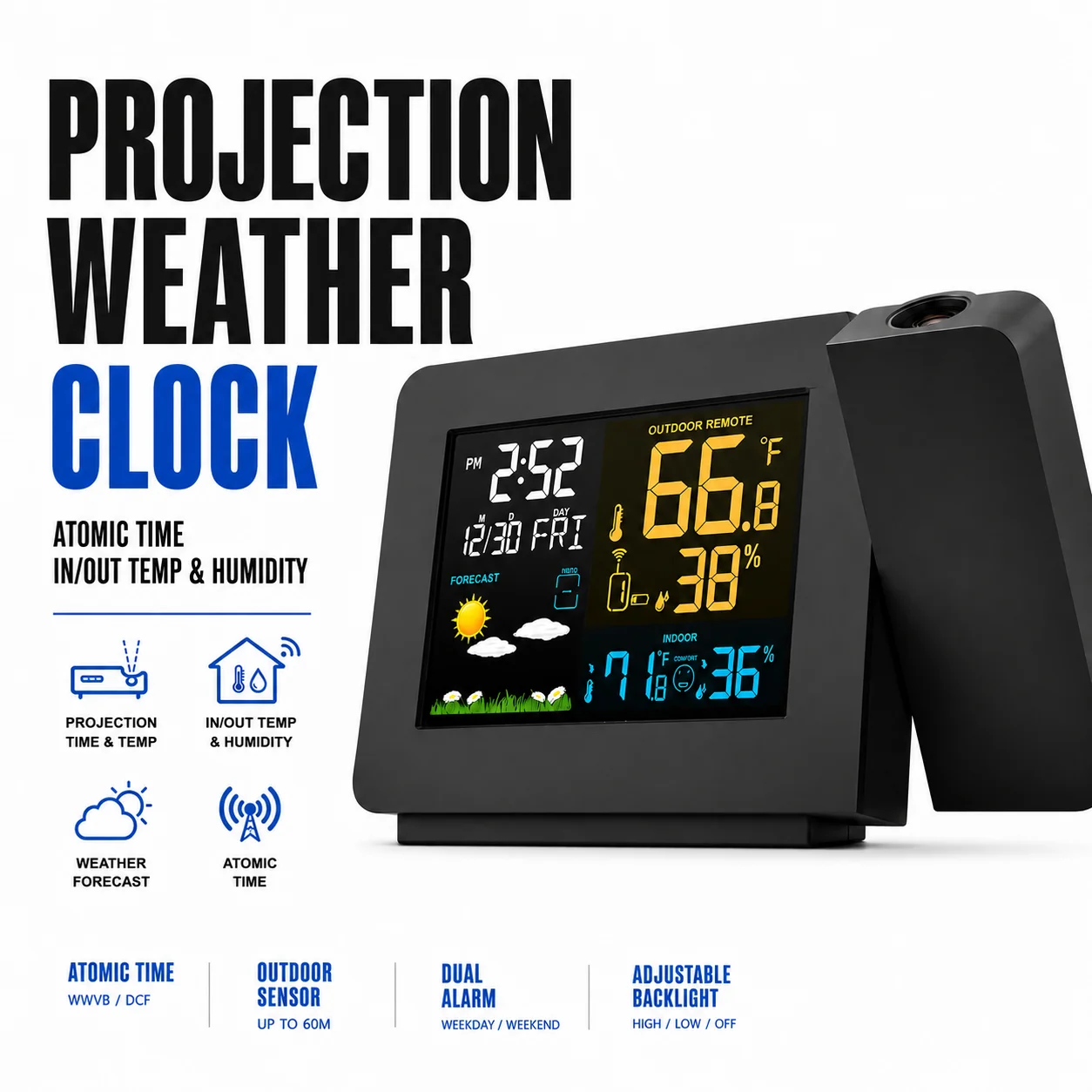 5-in-1 Weather Projection Alarm Clock – DCF Atomic Time Auto-Setting, Indoor Outdoor Temperature & Humidity Monitor, Expandable