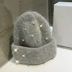 Beanie strass donna inverno Angora cappello lavorato a maglia autunno caldo morbido accessorio per il freddo sport sci vacanze all'aperto