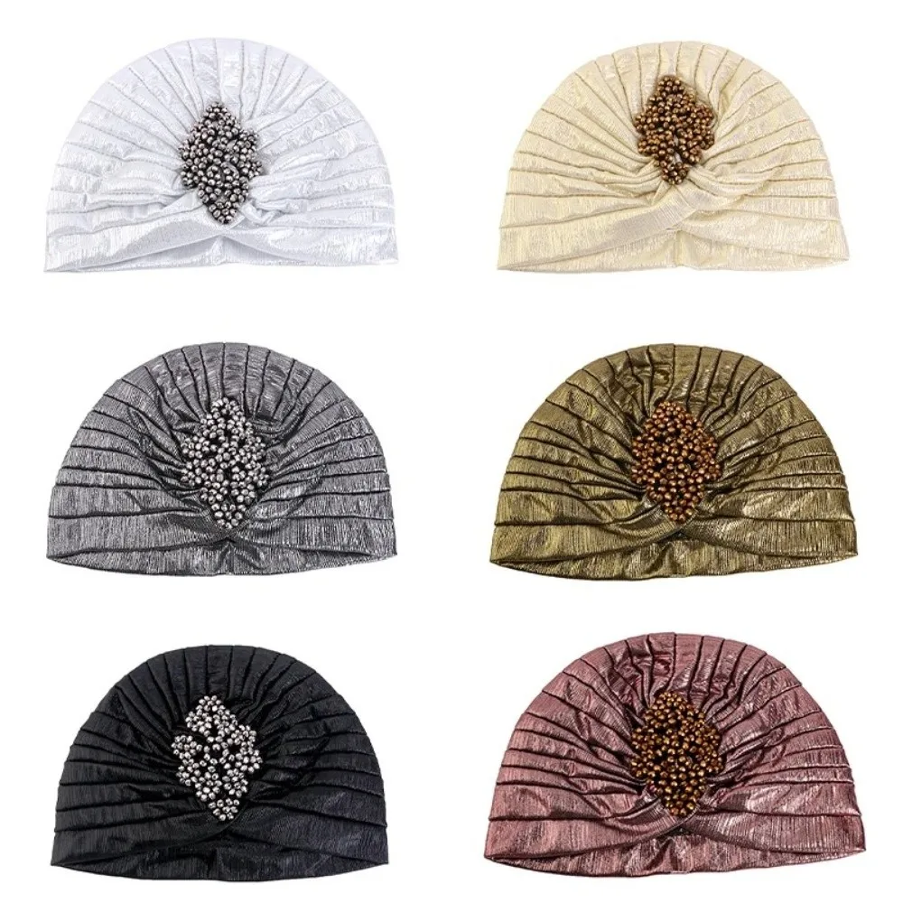 Top Knot Arabischer Nationalhut Perlenverziertes Einfarbiges Ethnisches Kopftuch Elastischer Stretch-Turban Retro Plissiertes Kopftuch – Detail 10