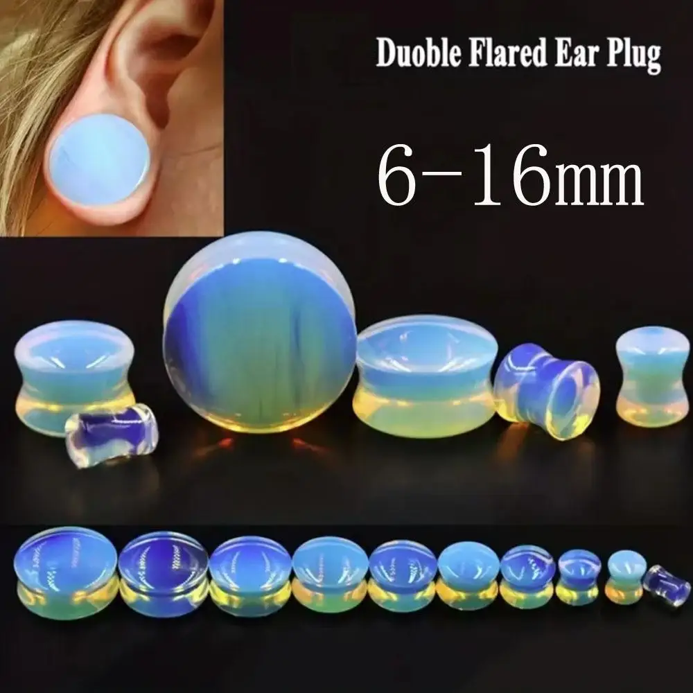 1Pair Double Flared Ear Plugs Tunnels Translucent Opal Stone Piercing Stretcher 6mm-16mm Sizes Opalite Body Jewelry For Women