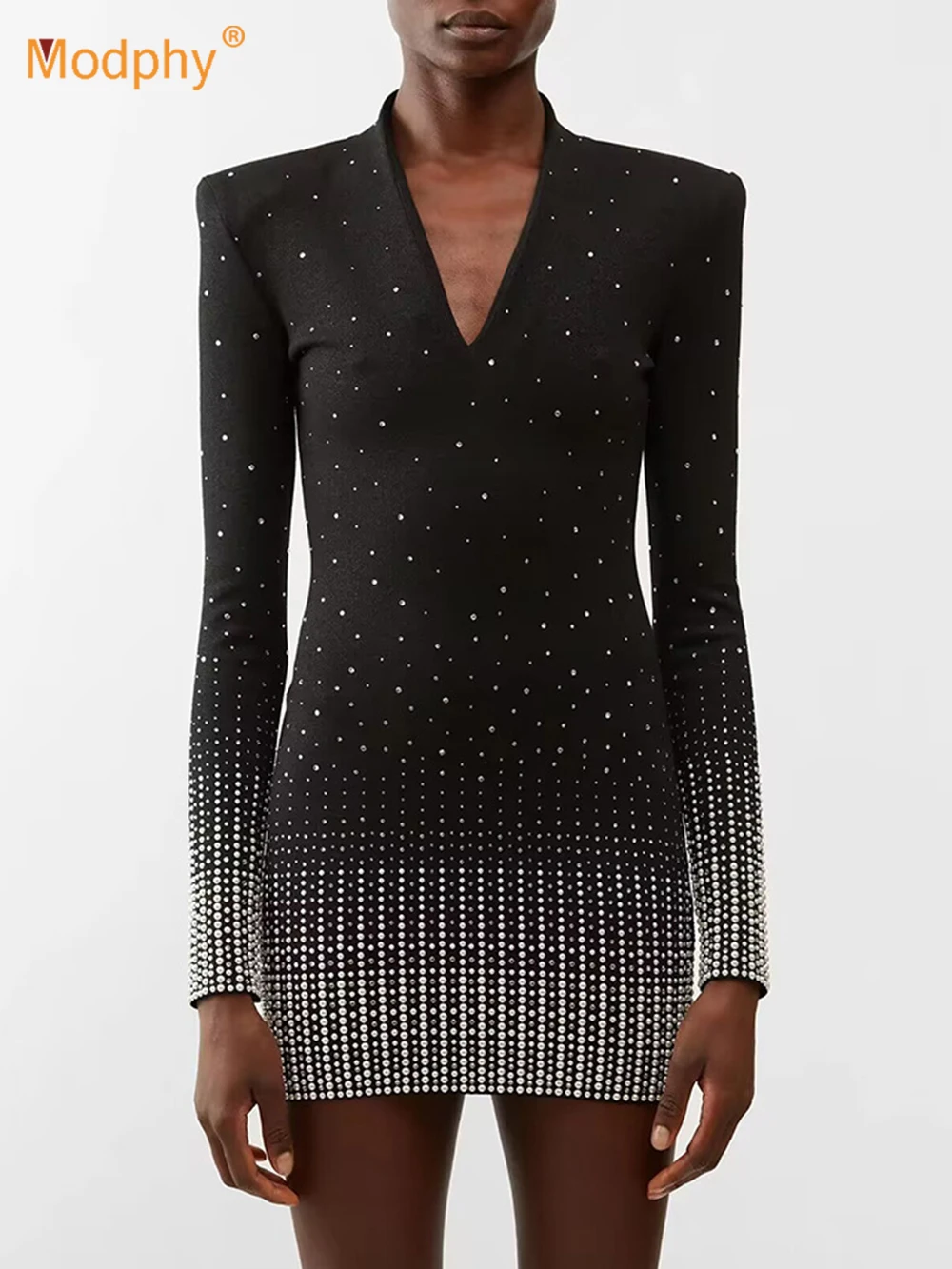 

Modphy Women Rhinestone Diamond Knitted Mini Bodycon black V-Neck Long Sleeve Wrapped Hip Dress Autumn Slim Sweater Vestido