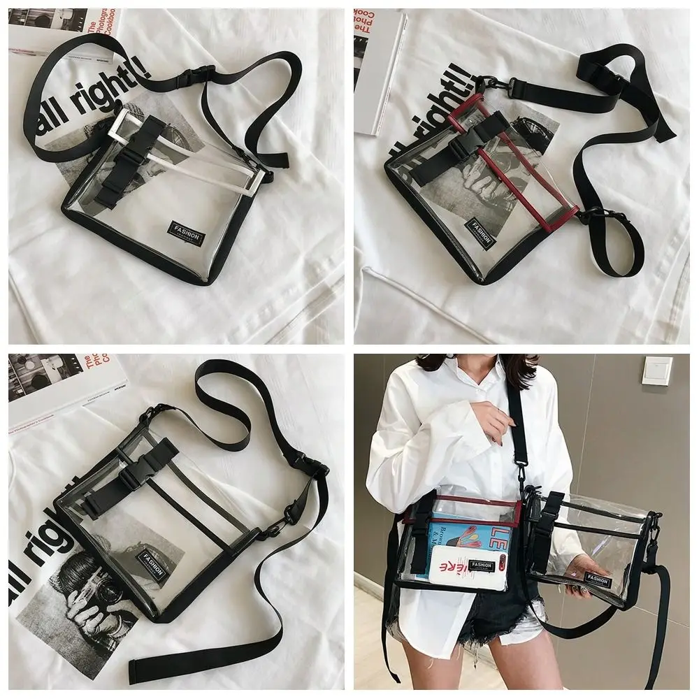Square PVC Messenger Bag Large Capacity Button Transparent Crossbody Bag with Removable Strap Waterproof Casual Shoulder Bag
