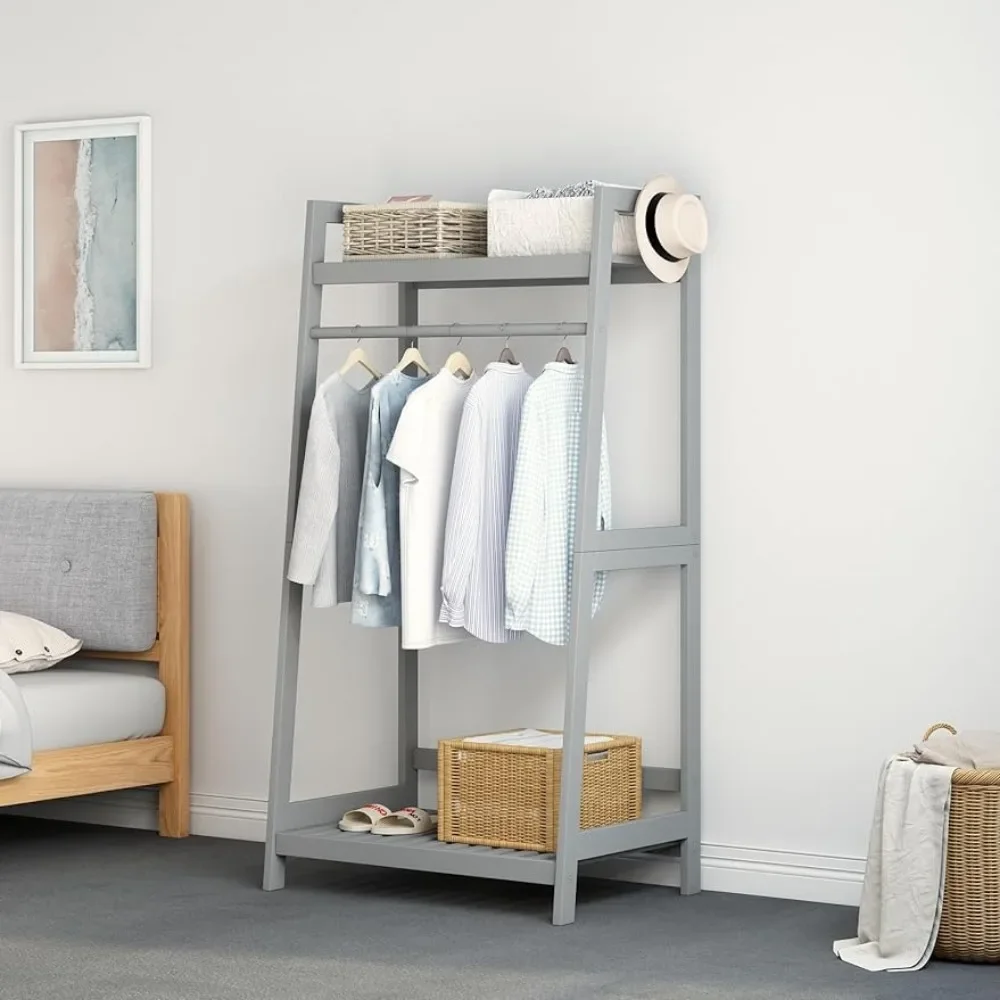 

Open Wood Garment Rack - Solid Woods Freestanding Clothing Rack With Storage Shelves and Rod for Hanging Clothes Wardrobe Grey