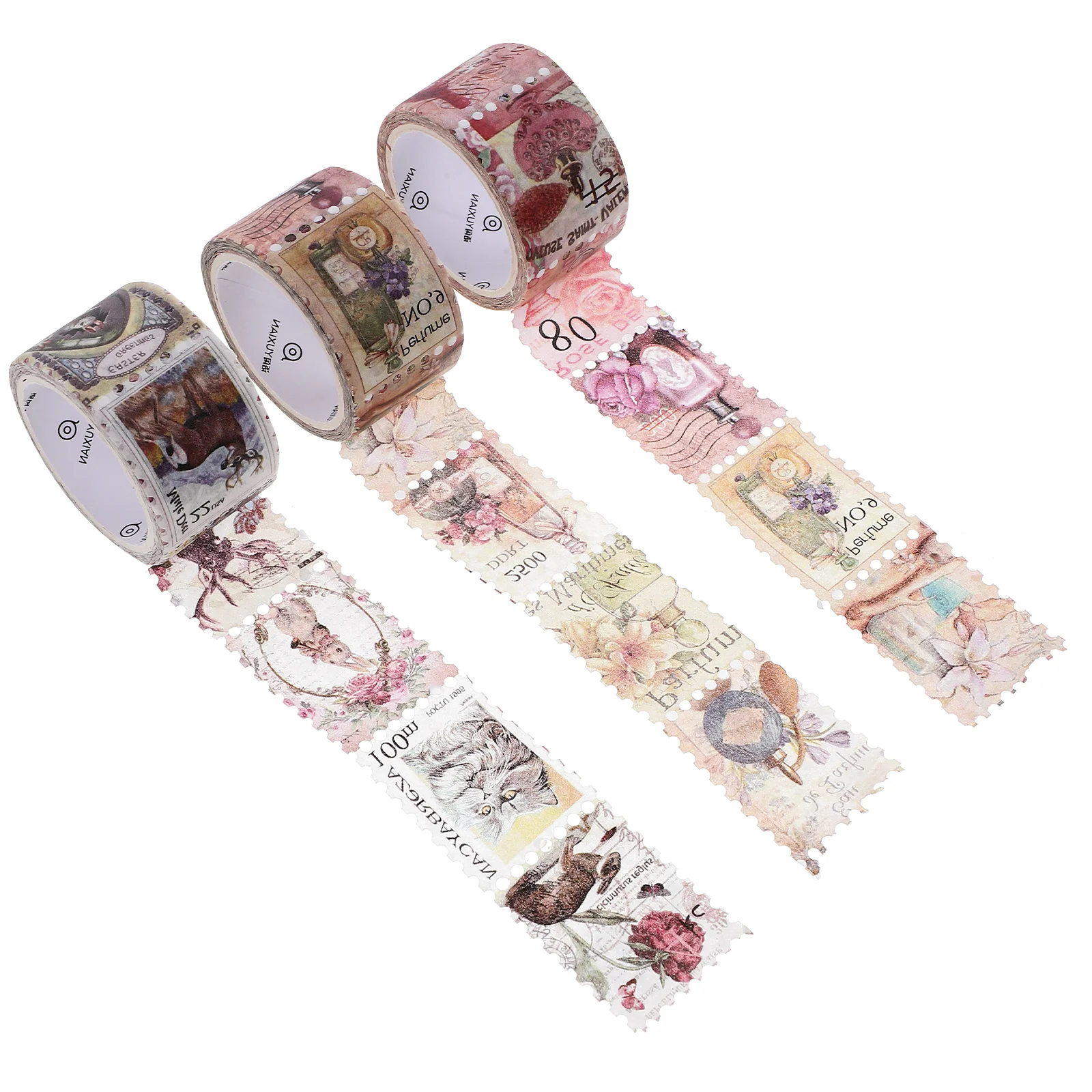 3 Rolls Stamps and Washi Tape Vintage Stickers Journaling Tapes DIY Gift Adhesive Japanese Paper Retro Decoration Magnetic