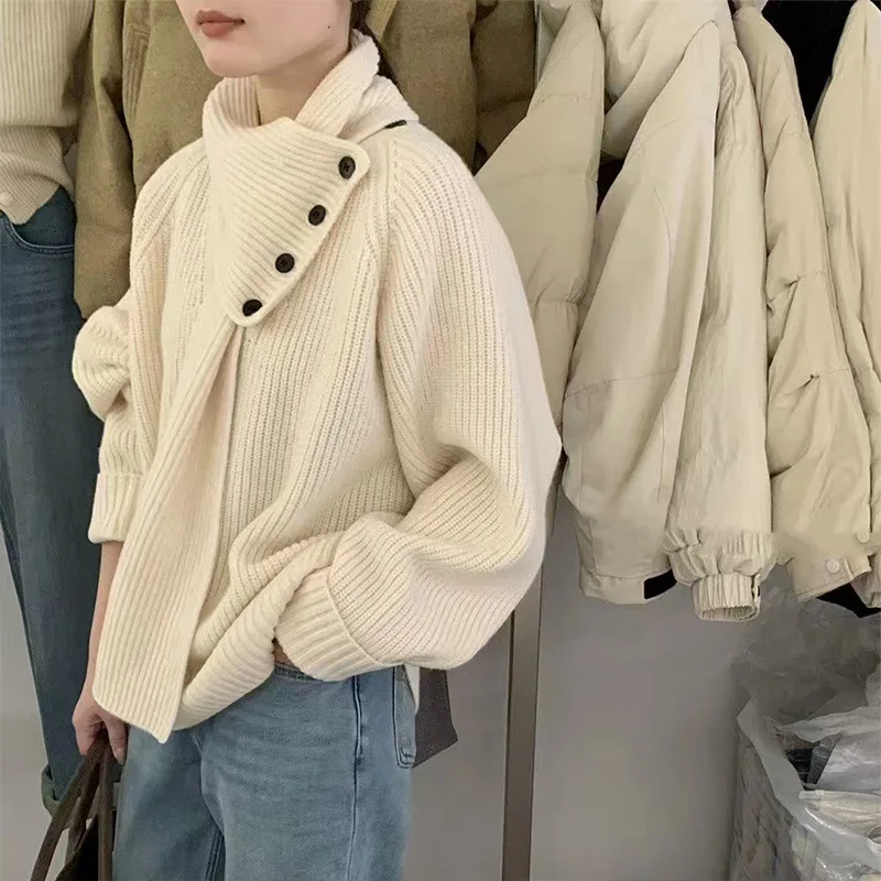 

Fashion Lazy Style Sweater Shawl Detachable Scarf Long Sleeve Solid Color Pullovers 2025 Knit Tops Vintage Design Women Clothing