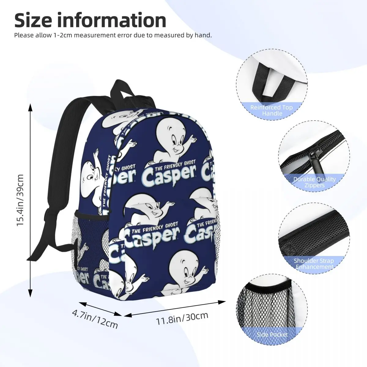 The Friendly Ghost Casper Backpack Daypack Large Capacity Boys Girls BookBag Shoulder Bags for Men Women Children School Bag
