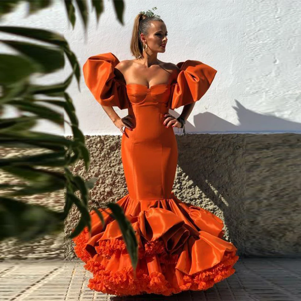 Orange Off The Shoulder Prom Dresses Tiered Ruffles Mermaid Evening Gowns Women Formal Occasion Party Dress Robe De Soiree