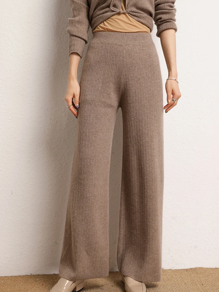 Women’s Cashmere Wide Leg Pants Office Lady Elastic Waist Pleated Trousers Autumn Winter Solid Soft Grace 100% Cashmere Knitwear