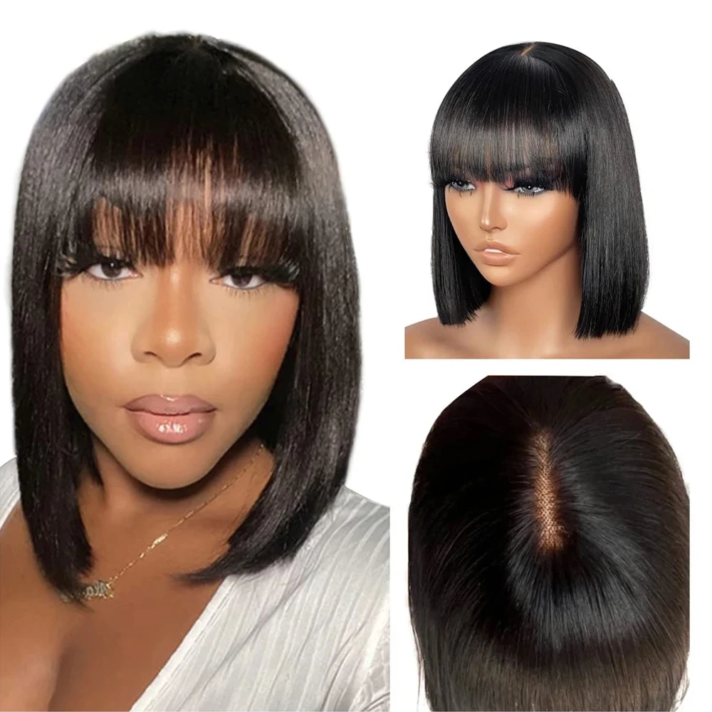 

3X1 Lace Short Bob Straight Human Hair Wigs With Bangs 180 % Density Brazilian Remy Human Hair Wigs for Women Wigs With Bangs