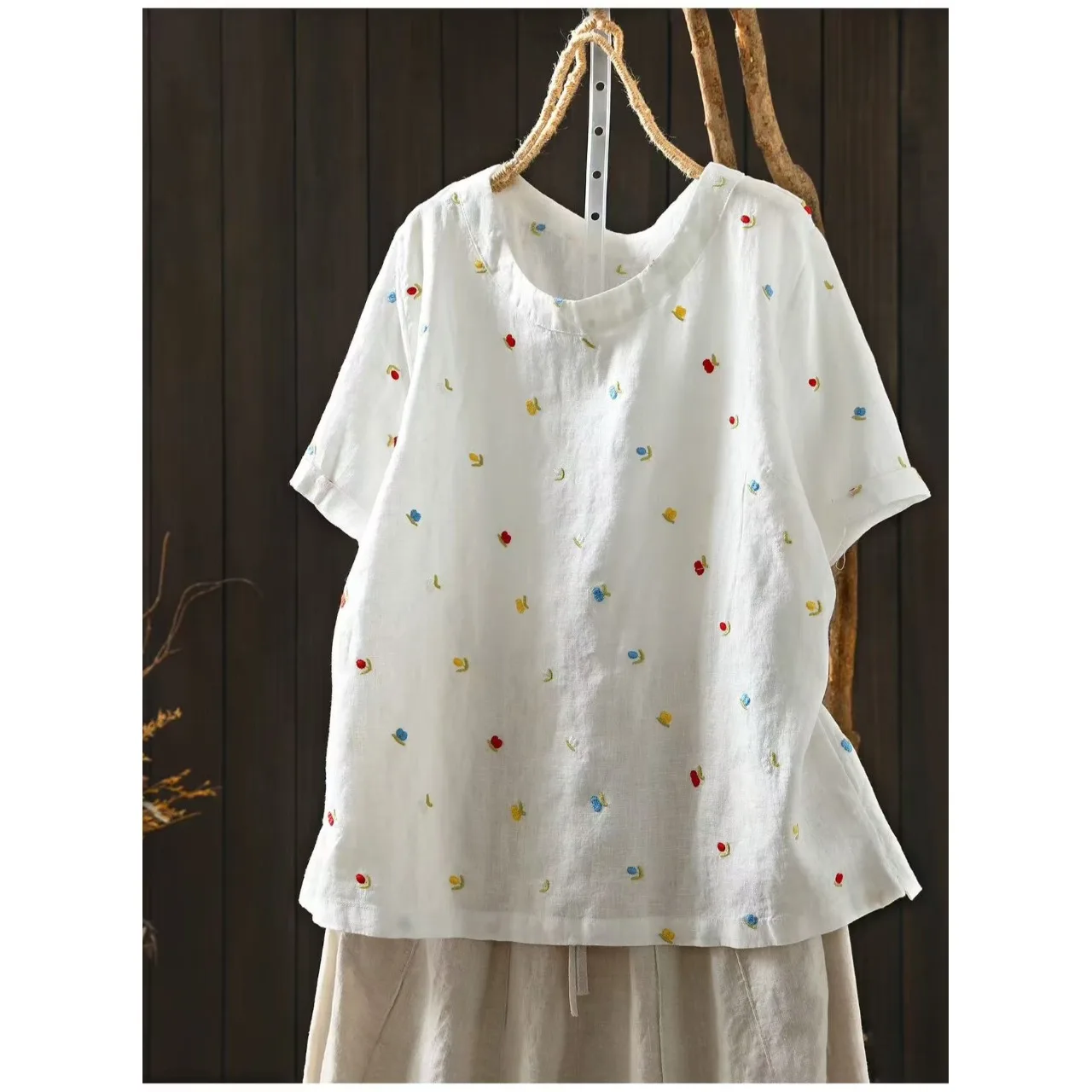

Loose Cotton Linen Short Sleeve Women's Base Shirt Embroidered T-Shirt Summer New Style plus Size Cover Belly Commute Style