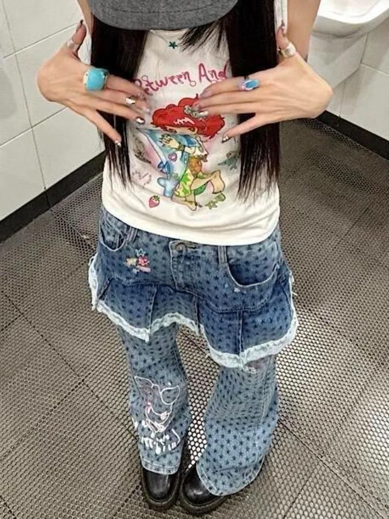 American Washed Lace Patchwork Fake Two-piece Skirt Pants for Women's Street Layering Design Slimming and Slightly Flared Pants