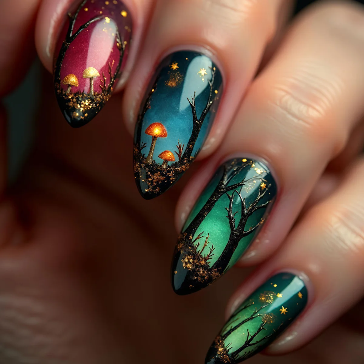 24 قطعة/sest أظافر صناعية قصيرة متوسطة الحجم للنساء والفتيات زهور ملونة على شاطئ الفطر لصيف الخريف اضغط على أطراف أظافر صناعية #4