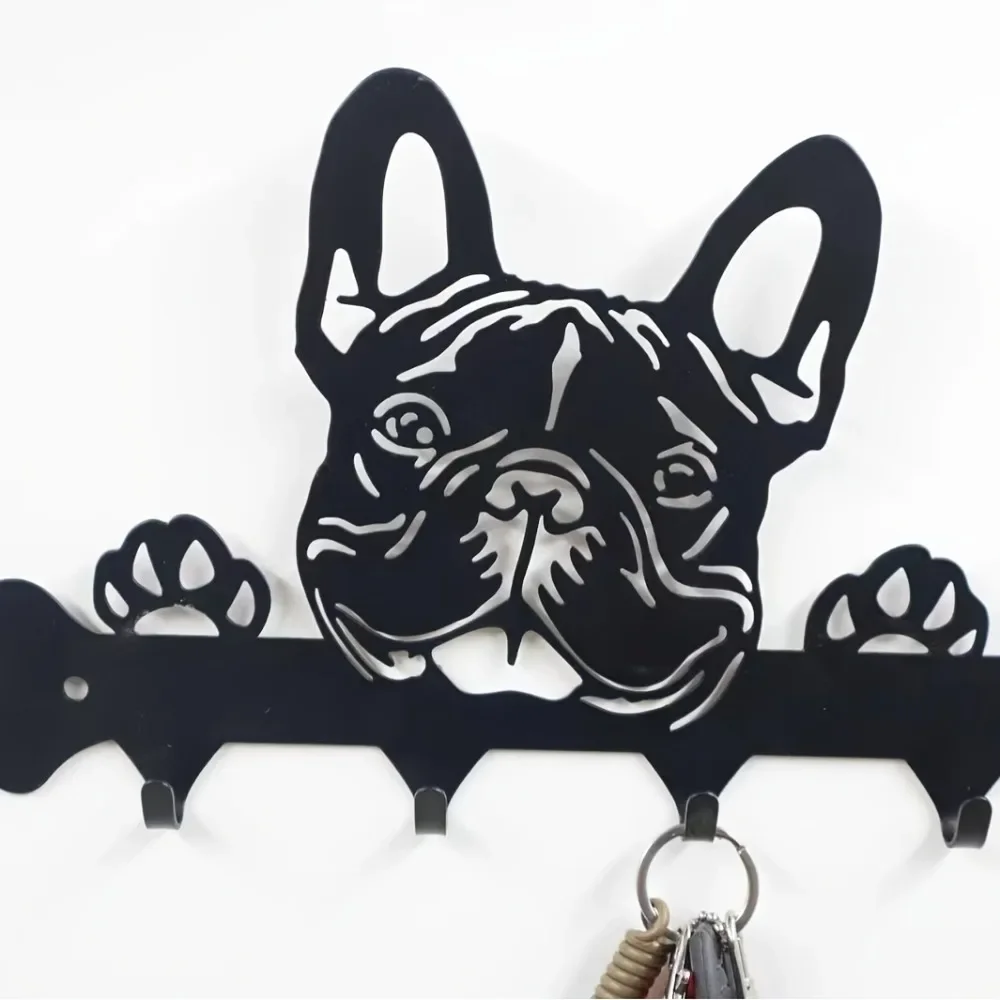 French Bulldog Shaped Metal Key Holder And Coat Rack Black Powder-Coated Iron Wall Mounted Easy Install for Home Or Pet Store
