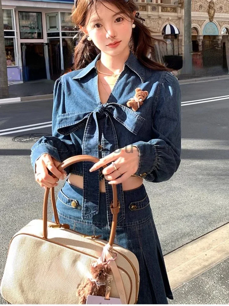 Autumn Blue Vintage Denim 2 Piece Sets Women Bow V Neck Denim Tops+Pleated A Line Chic Skirt Female Korea Fashion Chic Clothing