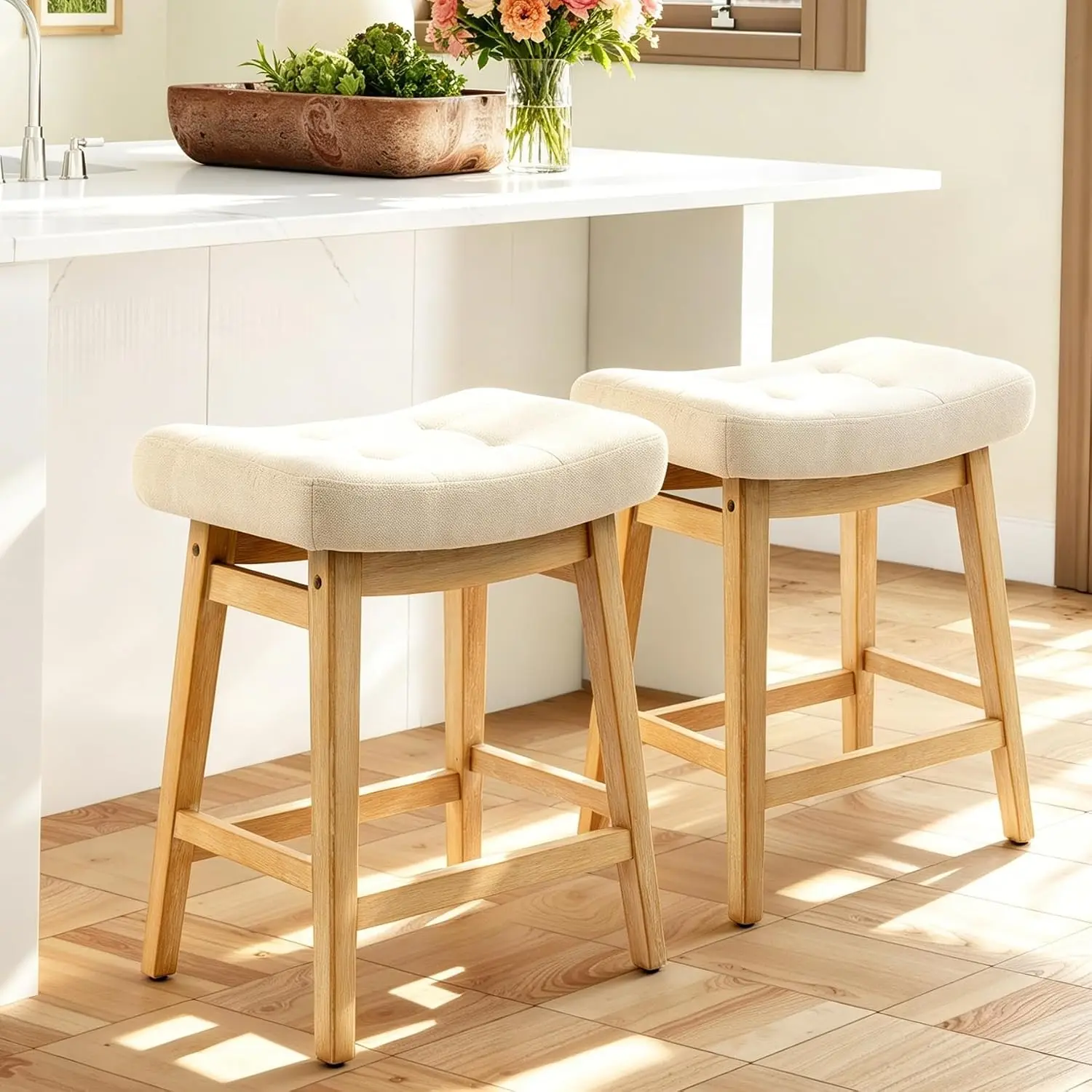 Counter Height Bar Stools Set of 2 for Kitchen Counter, Backless Farmhouse Island Short Barstools No Back with Padded Fabric Sad