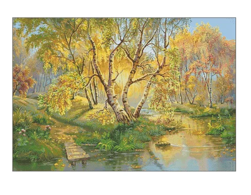 

Autumn Forest Lake LaLandscape Counted 16CT 14CT Unprinted Cross Stitch Kits Embroidery Art DIY Handmade Needlework Home Decor