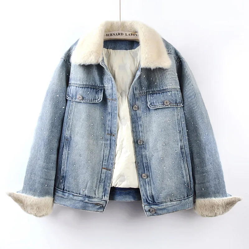 Winter Korean Heavy Work Diamond Casual Denim Jacket Women Lapel Long Sleeve Thick Warm Down Liner Cowboy Outerwear Streetwear