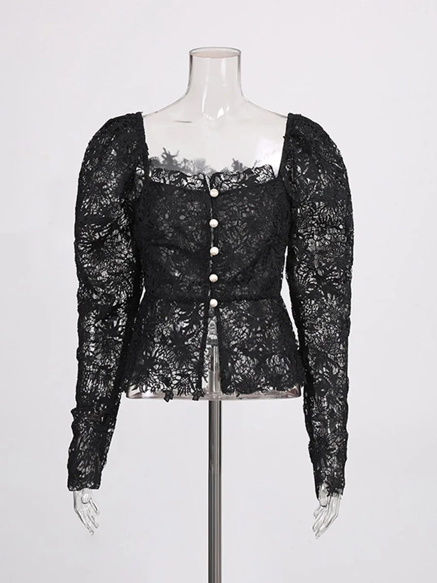 CHICEVER Set Dua Potong Renda Hitam Berpotongan Persegi Kerah Persegi Lengan Panjang Jaket Transparan Seksi Set Rok Wanita Mode Musim Gugur