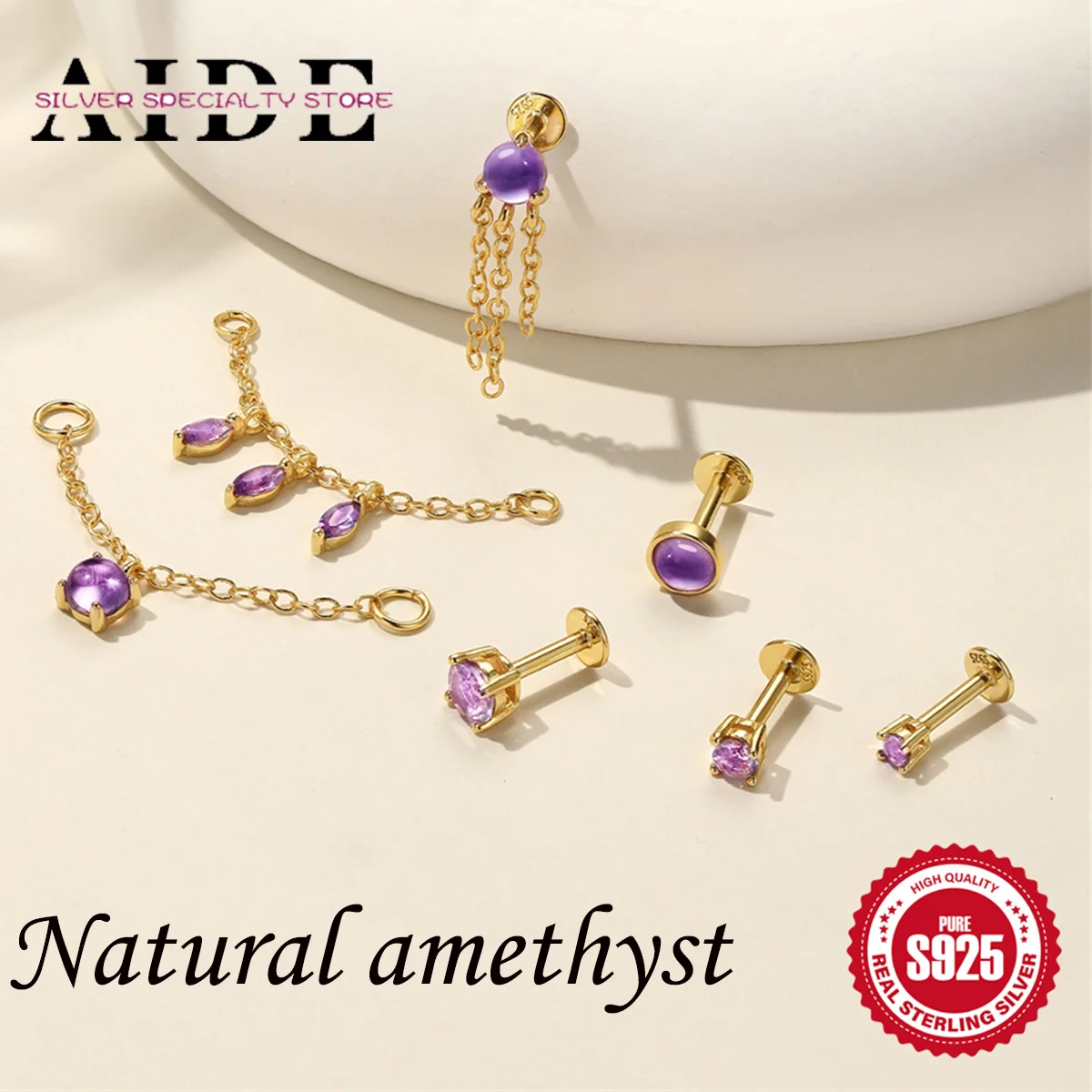 

AIDE 925 sterling silver Round Natural Amethyst For Woman Flat Back Piercing Earring Elegant Daily Perfect girl Gift сережки y2k