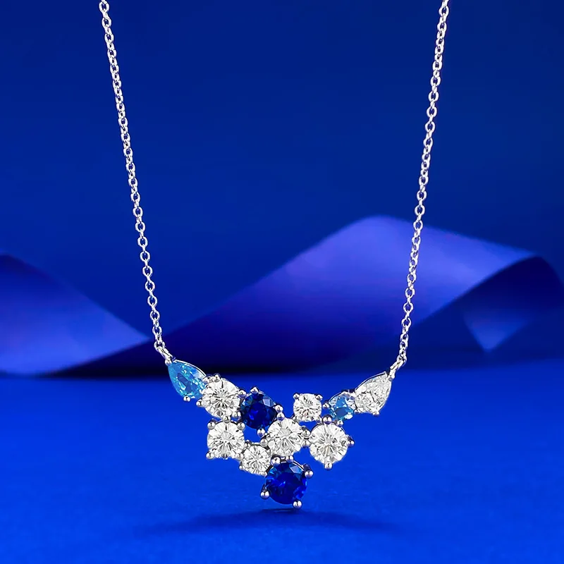 

S925 silver flower cluster brocade full diamond pendant, fashionable blue diamond necklace, light luxury and high-end feel