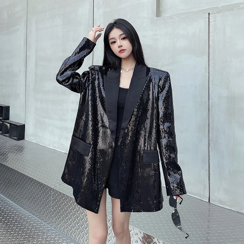 Women's Black Sparkling Sequined Blazers 2025 Spring New Loose Comfort Suit Jackets Feminine Long Sleeve Chic Tailored Coat Tops
