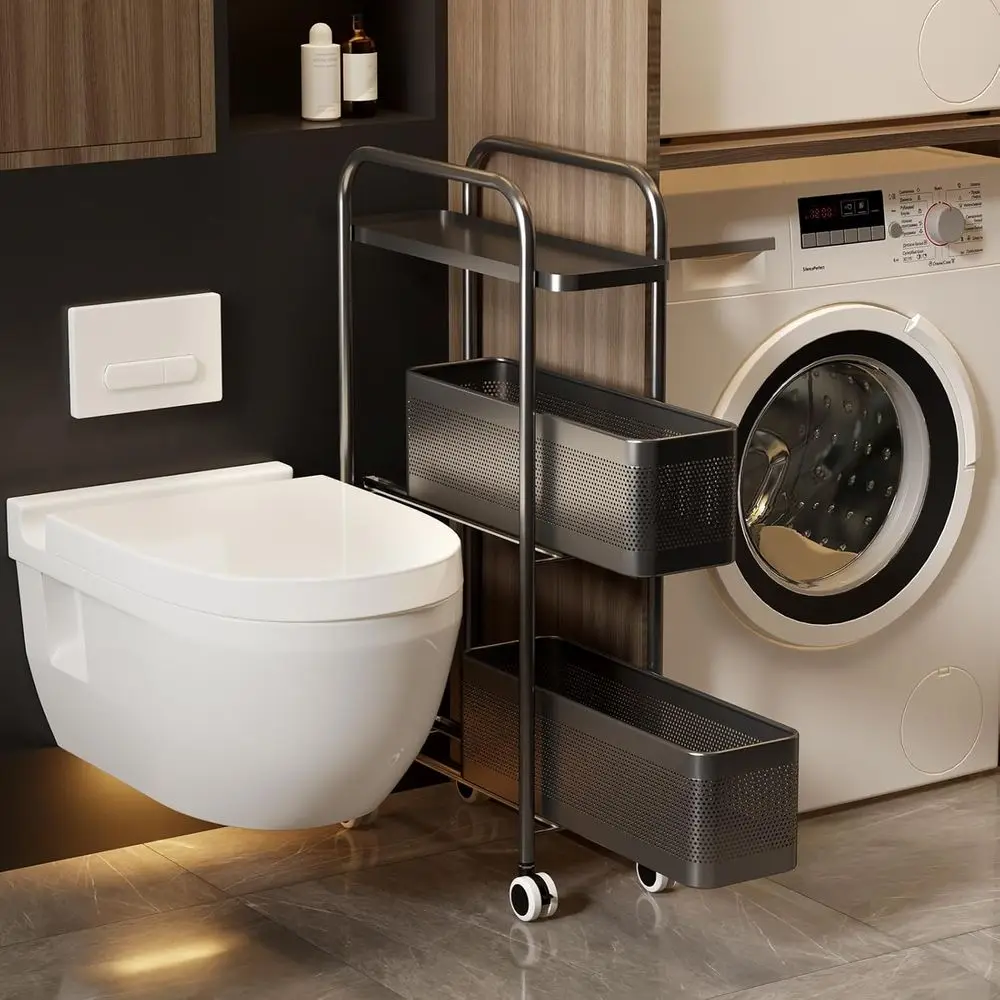 

Slim Storage Cart 3 Tier with Pull Out Metal Basket Bathroom Organizer Rolling cart, Installation-ree Rolling Utility Cart Slide