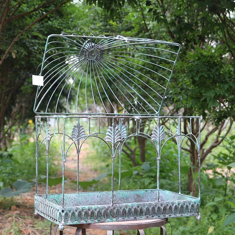 Export order retro old wrought iron outdoor rust-proof garden bird cage tray rack, courtyard villa plant blue