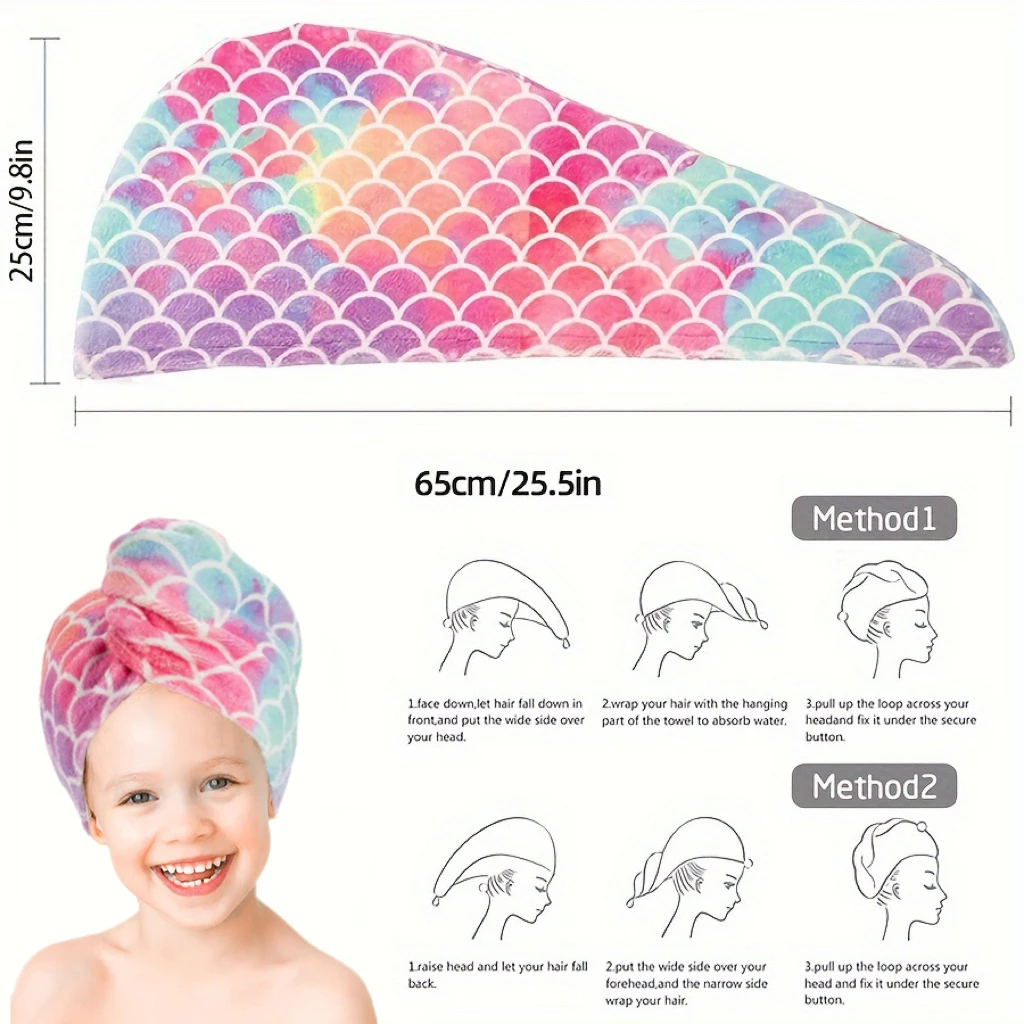 1pc Kids Quick-Dry Hair Cap –Soft Microfiber Towel with Adorable Fish Scale Pattern, Absorbent & Essential Bathroom/Living Room