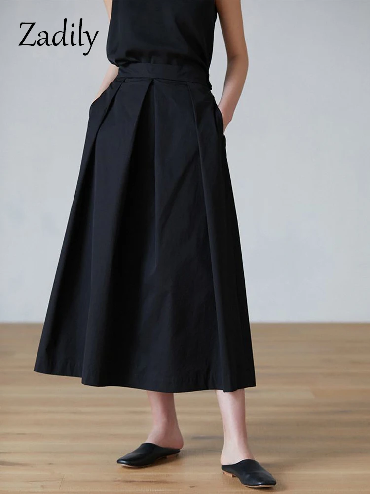 2023 Summer Office Lady High Waist Mid-Calf Woman Pleated Skirt Korea Style Loose Skirt Work Ladies A-Line Skirts