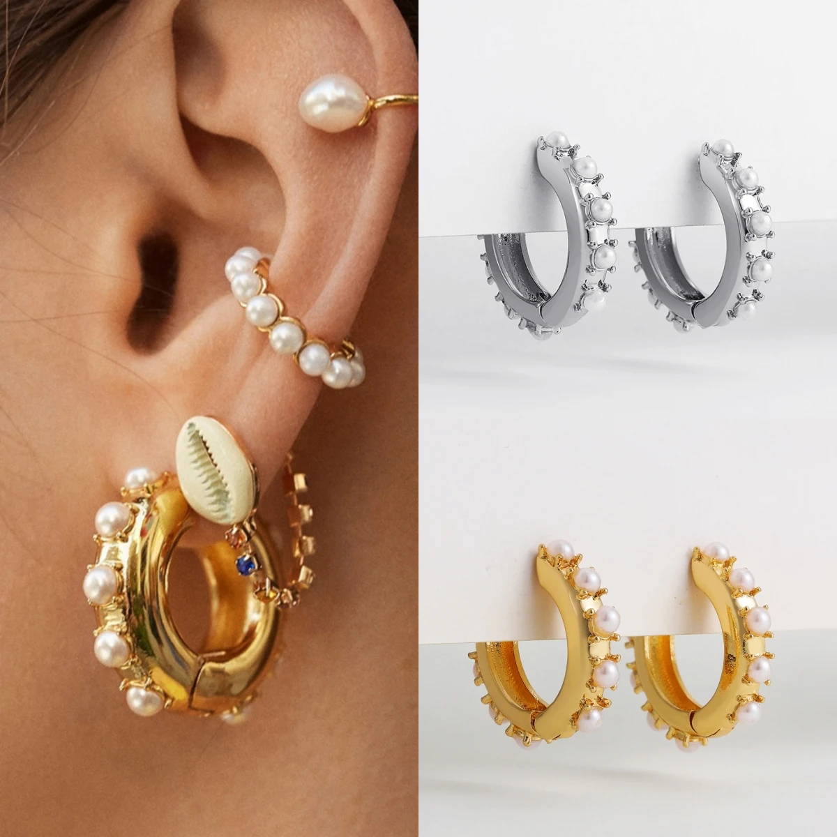 Vintage weiße Perlen Perlen Huggies Creolen für Frauen 18K vergoldet kleine runde Kreis Ohrschnallen Party Schmuck Geschenk