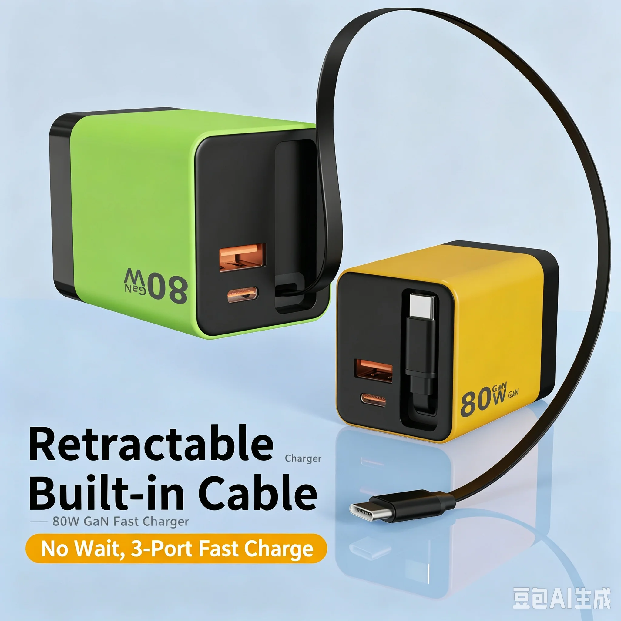 80W GaN 3-Port Fast Charger with Built-in Retractable USB-C Cable, A+2C PD Charger, US EU UK Plug Travel Wall Charger for Phone,