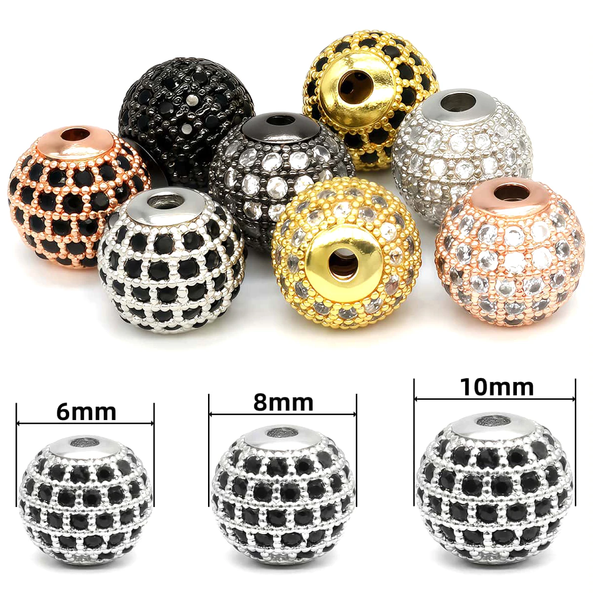 3pcs Metal Brass Paved Zircon Spacer Bead String Beaded for DIY Charms Necklace Bracelet Jewelry Making Accessories 6/8/10mm