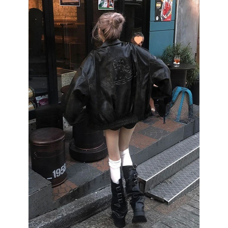 

MINISO American vintage biker girl leather jacket for women, 2025 autumn new style, Korean style, loose POLO neck jacket