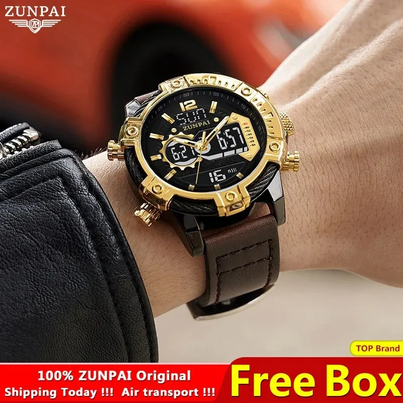 ZUNPAI Original Men\'s Watch Top Brand Luxury Leather Sports Watch Gold Black Men Quartz LED Digital Clock Waterproof Military