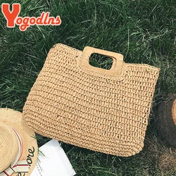 Yogodlns Casual Large Capacity Straw Beach Bag Wooden Handle Handbag Women Handmade Woven Bag Lady Casual Purses Summer Balii