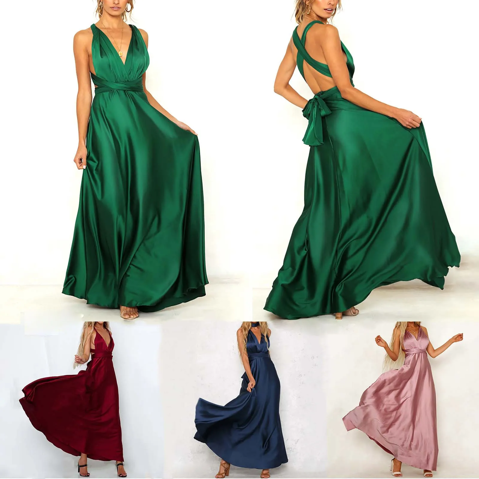 Feminino elegante sólido vestido de cetim vestidos moda sem mangas com tiras sexy profundo decote em v sem costas cintura alta vestido de noite roupas