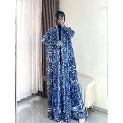 Miyake Pleated Blue Printed Robe Fashion Original Designer Women's Long Sleeved V-neck Coats and Jackets