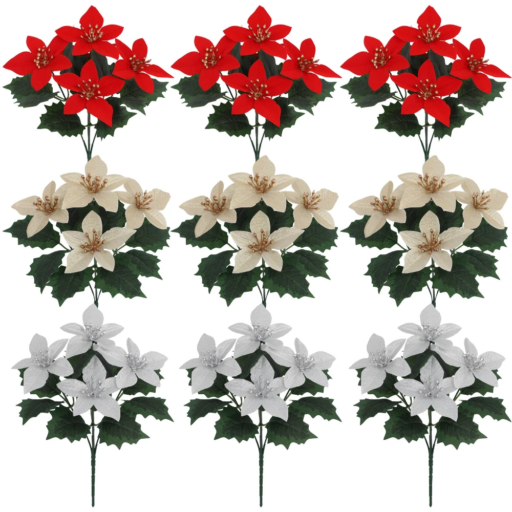

Christmas Poinsettias Artificial Flowers Fake Plant for Christmas Festival Scene Arrangement Table Ornament Garden Home Decor