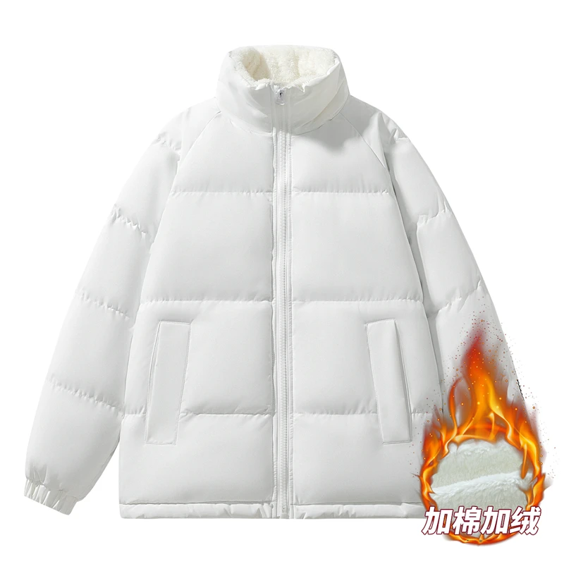 

New Trendy Korean Style Stand Up Collar Parkas Men's Fleece Simple Bread Jacket Couple's Thick Warm Cotton Jacket Women's Top
