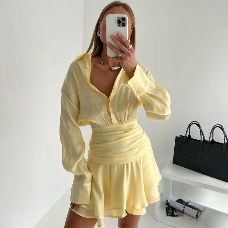 

Talenza Elegant Ruffled Mini Dress Fashion Solid Long Sleeve Patchwork New Dress High Waist Chic Commuting Women's Casual Dress