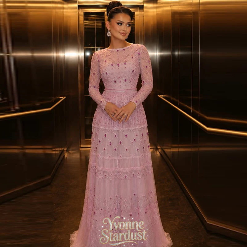 Yvonne Evening Dresses Shining Pink A-Line Party Dress Rhinestones Full Sleeve Formal Occasion Prom Gowns Customized