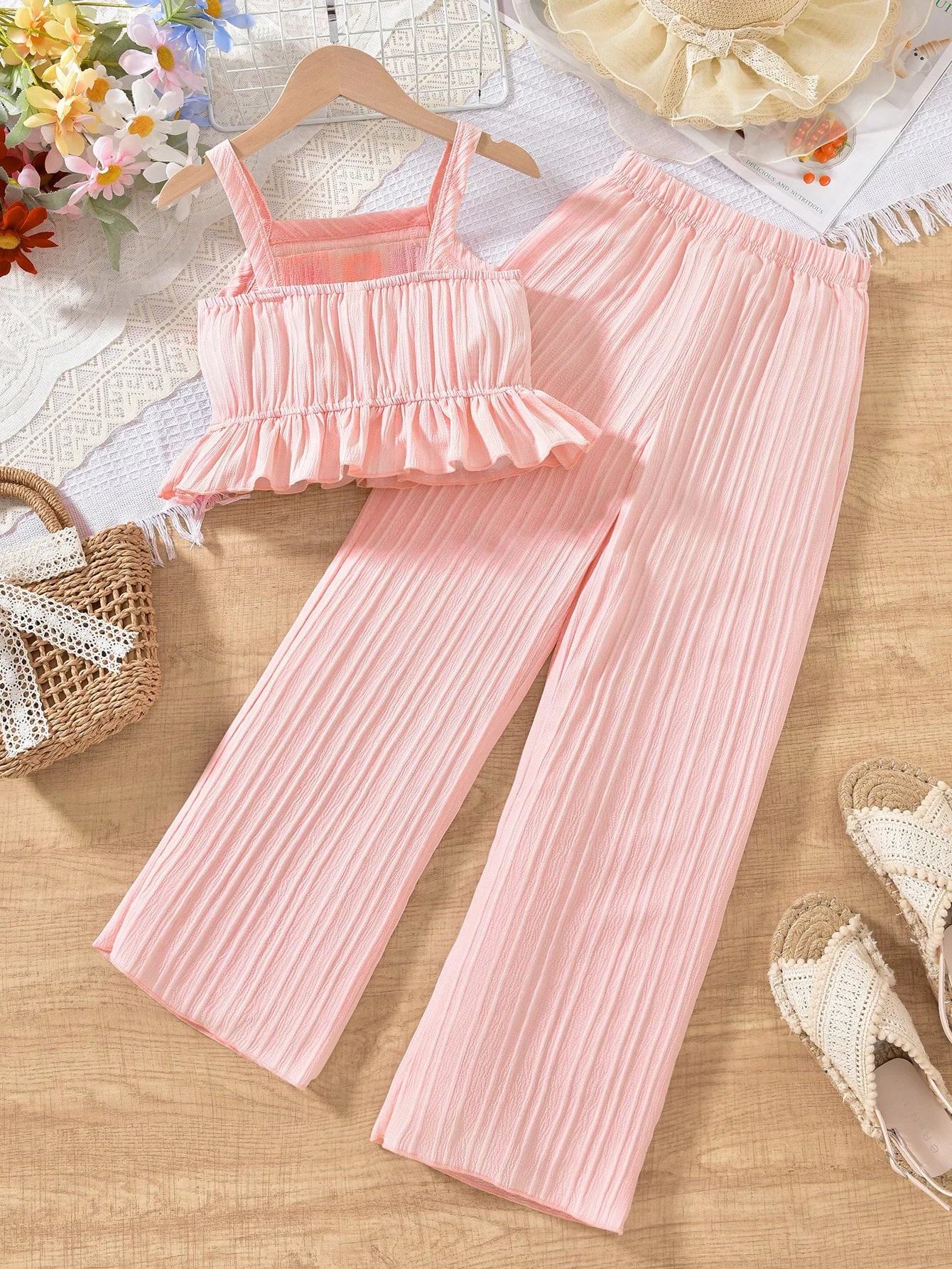 Girls' Sweet Style Spring & Summer Embellished Pink Camisole Top + Matching Color Pants Two-Piece Set