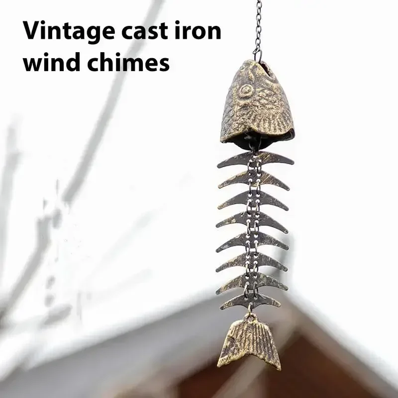 Cast Iron Wind Chime Fish Bone Japanese Style Vintage Metal Wind Chimes Outdoor Fish Bone Wind Chimes Soothing Melody for Garden