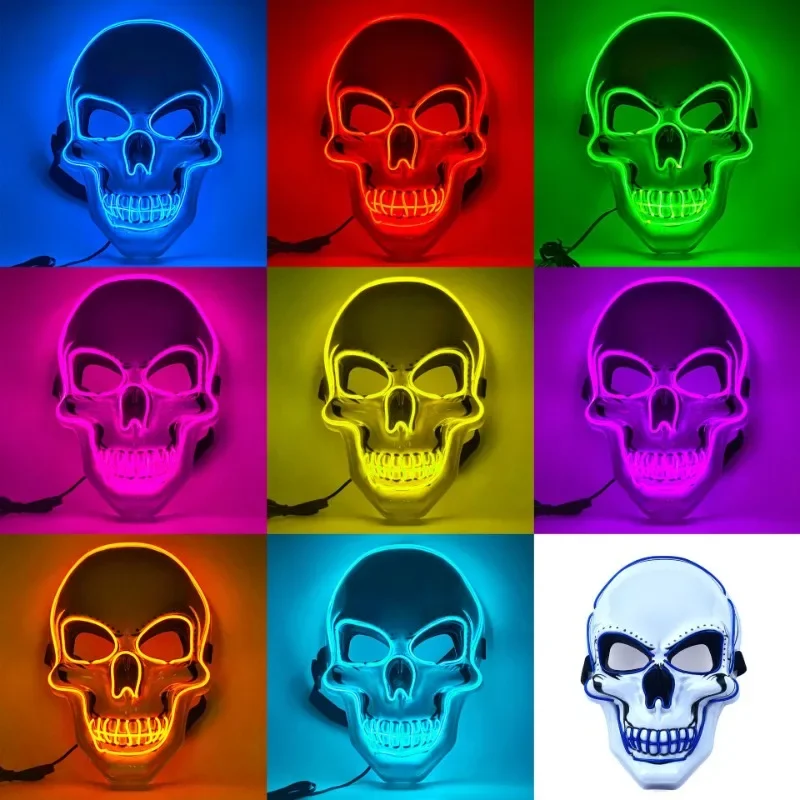 2024 New PVC White Skull Mask LED Horror Halloween Various Colored Luminous EL Cold Light Horror Tricky Gift Luminous Mask Hot