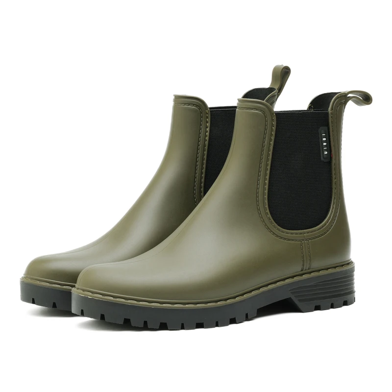 Botas de lluvia elásticas en forma de U para mujer, zapatos de agua moldeados de una pieza, antideslizantes, resistentes al desgaste, de tubo corto, estilo Chelsea, color verde militar