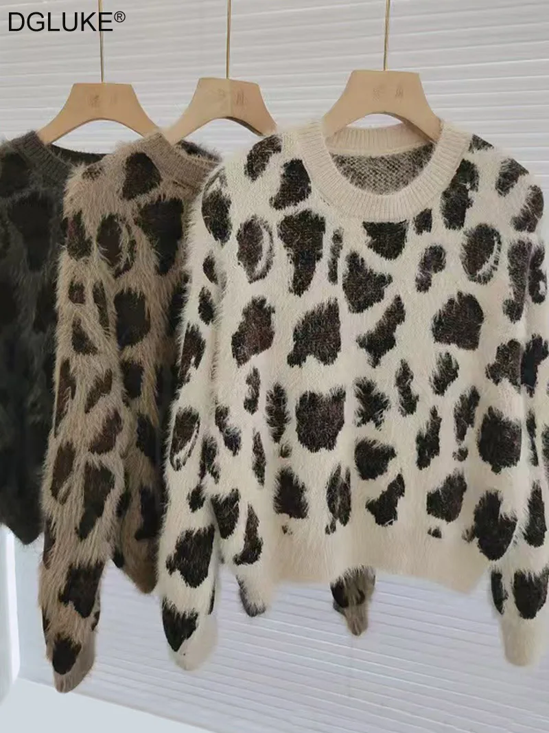 

DGLUKE 2024 New Leopard Sweater For Women Round Neck Long Sleeve Mink Cashmere Sweater Winter Warm Cozy Sweater Cropped Jumper