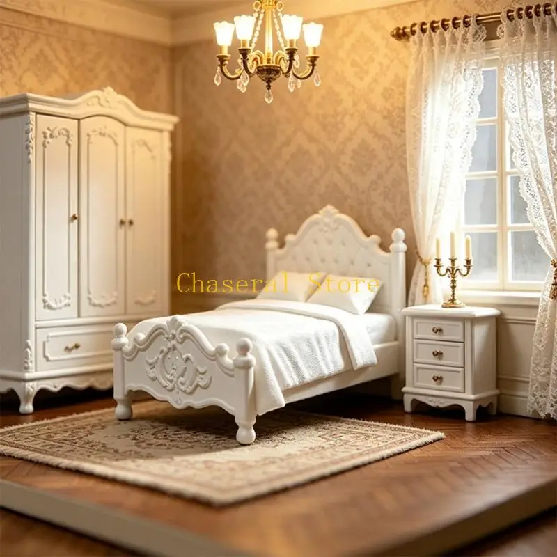 E7CE Mini Bedroom Double Bed Miniature Accessory for Shelf Room Display Use