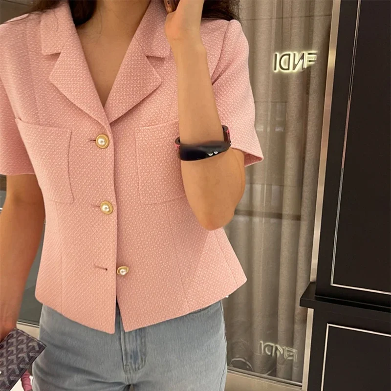 Komiyama Notched Collar Tweed Jackets Exquisite Single-breasted Chaqueta Mujer Short-sleeved Jaquetas Summer Spring Coats