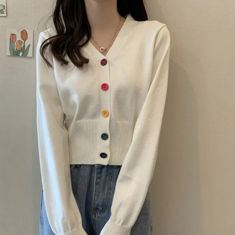 Autumn and Winter Little Fresh Colorful Buttons Younger Slim-Fit Slimming V-Collar Cardigan Long-Sleeved Sweater Top for Women